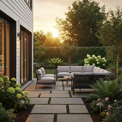 Modern backyard patio with natural flagstone paving and outdoor furniture