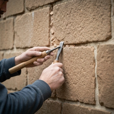 Professional stonemason carefully repairing a sandstone wall using traditional tools