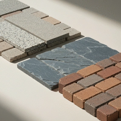 Close up of various high quality stone paving samples including granite and slate