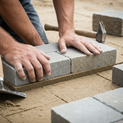 Professional stone mason laying natural stone pavers with precision
