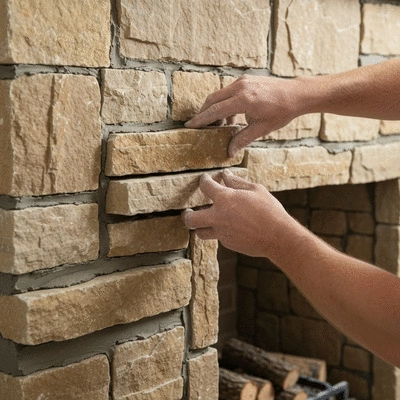 Craftsman installing natural stone on a custom fireplace wall