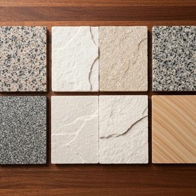Close up comparison of various natural stone cladding textures including granite and limestone