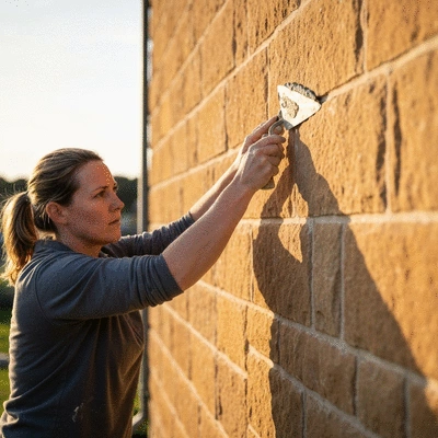 Professional mason applying lime mortar to a heritage stone wall