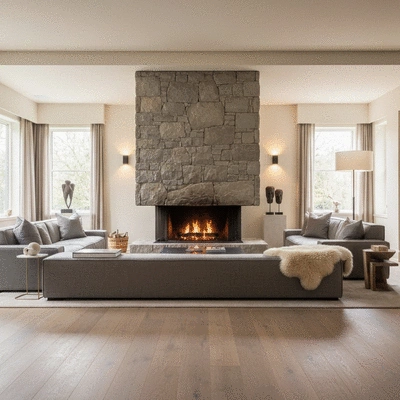 Modern living room with a large natural stone fireplace centerpiece