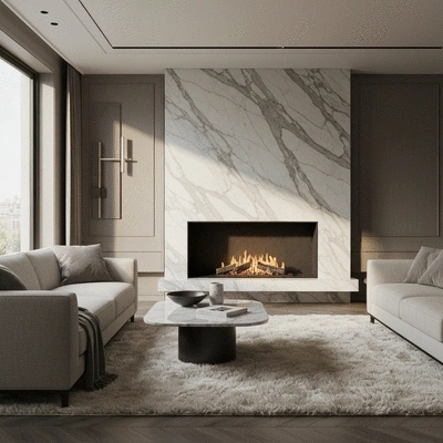 Modern living room with a sleek marble fireplace installation