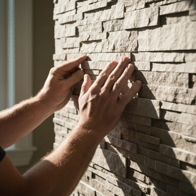 Professional stone mason carefully installing stone veneer on a fireplace wall