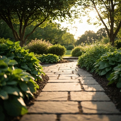 Luxury natural stone garden path with lush green plants