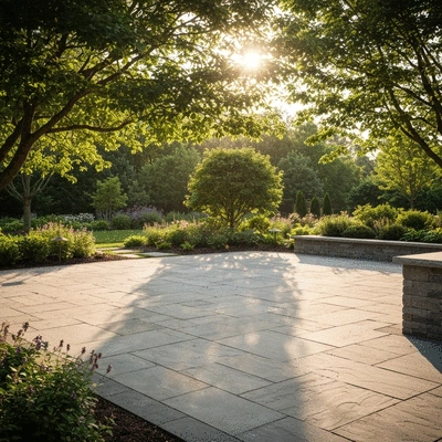 Beautifully installed natural stone patio in a lush garden