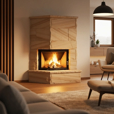 Modern living room with a warm sandstone fireplace