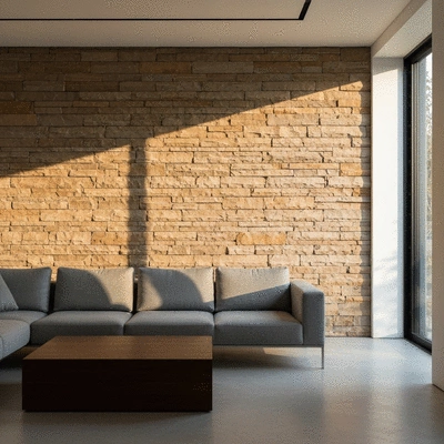 Modern living room with a feature wall made of natural sandstone cladding